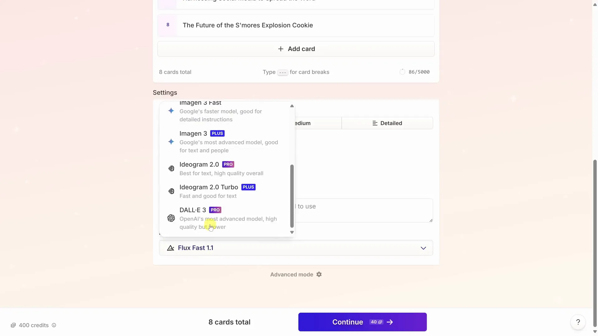 انتخاب تنظیمات تصاویر و مدل هوش مصنوعی در Gamma.app